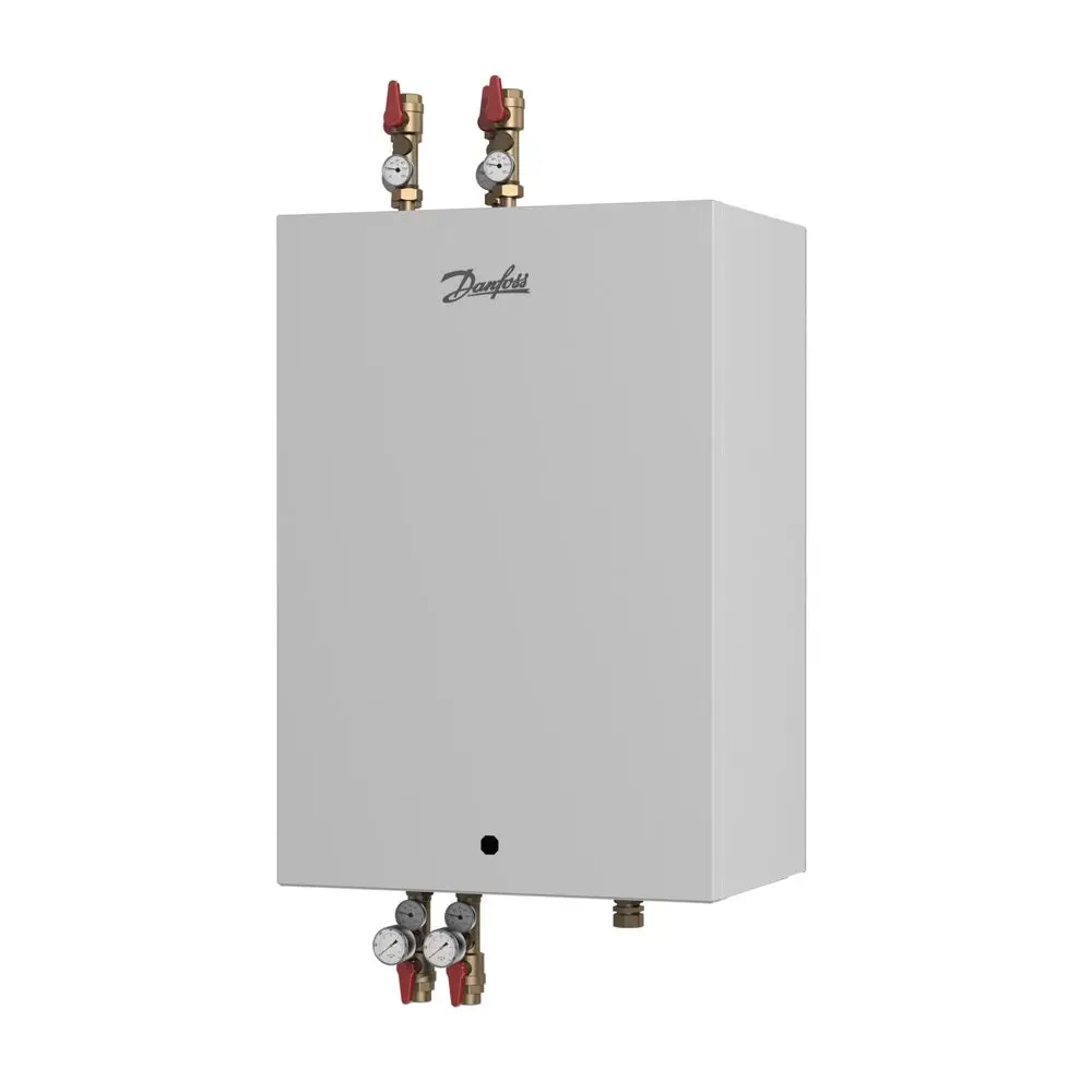 Weißes Gerät mit Danfoss-Logo, ausgestattet mit Ventilen und Manometern für Druckmessung, zur Installation in Heizungs- oder Warmwassersystemen geeignet.